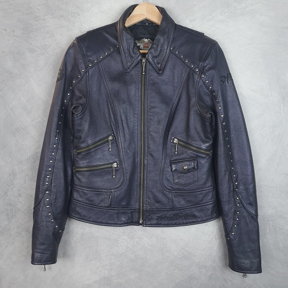 Harley-Davidson Leather Jacket Womens Small Purple Studded Moto Biker Zip